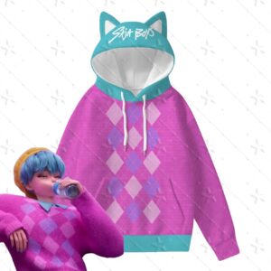 Sweat à Capuche K-pop Demon Hunters Saja – Pull Rose à Losanges avec Oreilles de Chat