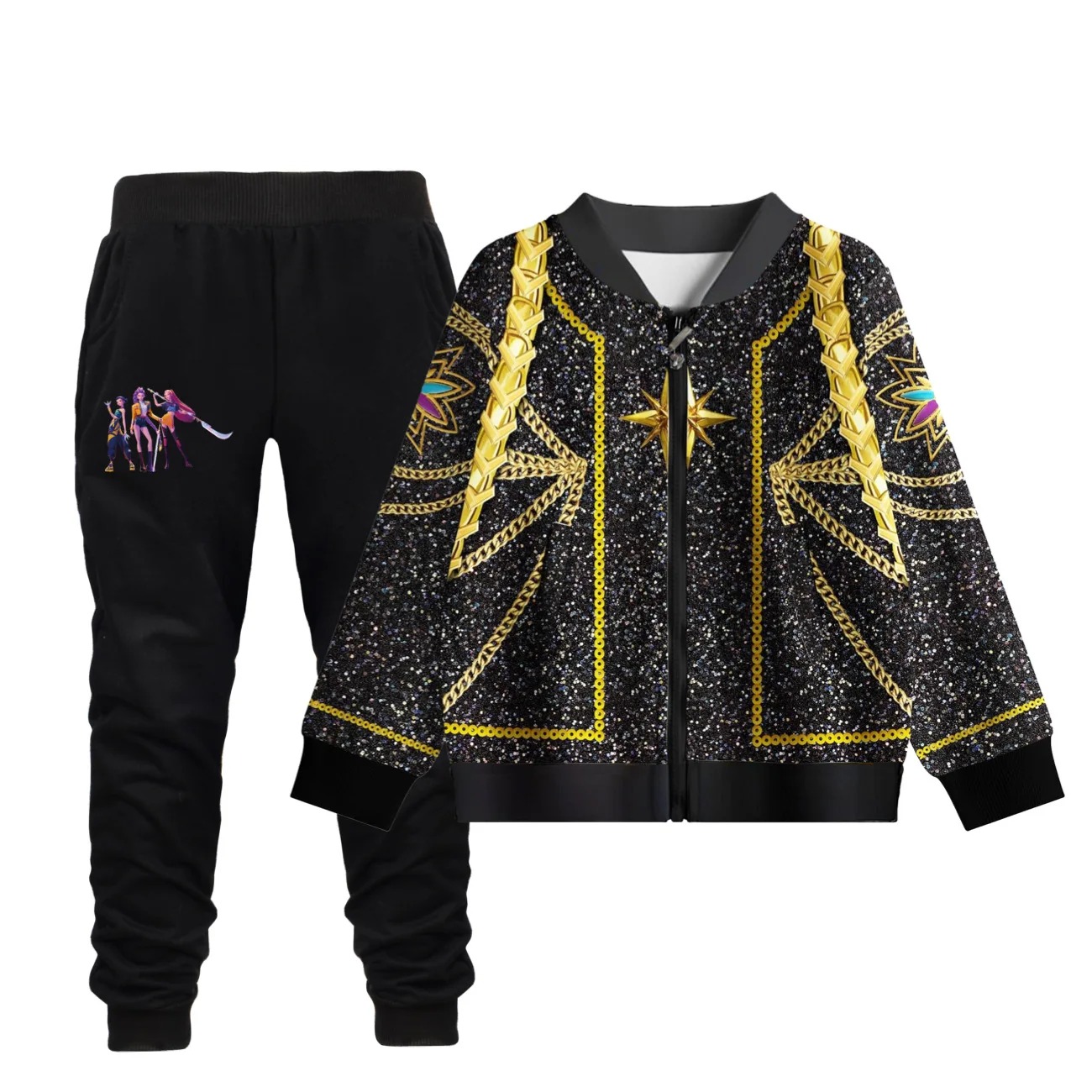 Ensemble Enfant KPOP Demon Hunter Rumi Stella – Veste et Pantalon Noir & Or Inspirés du Film